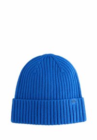 Berretto lavorato a maglia di un luminoso blu, con una texture a coste, un risvolto piegato e un piccolo tag con il marchio sul lato.