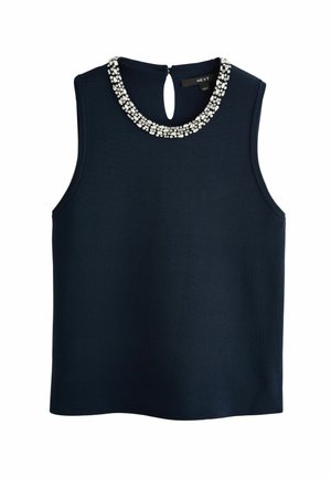 Marineblauw mouwloos topje met een ronde halslijn, versierd met een heldere strass kraag en een kleine sleutelgatopening aan de achterkant.