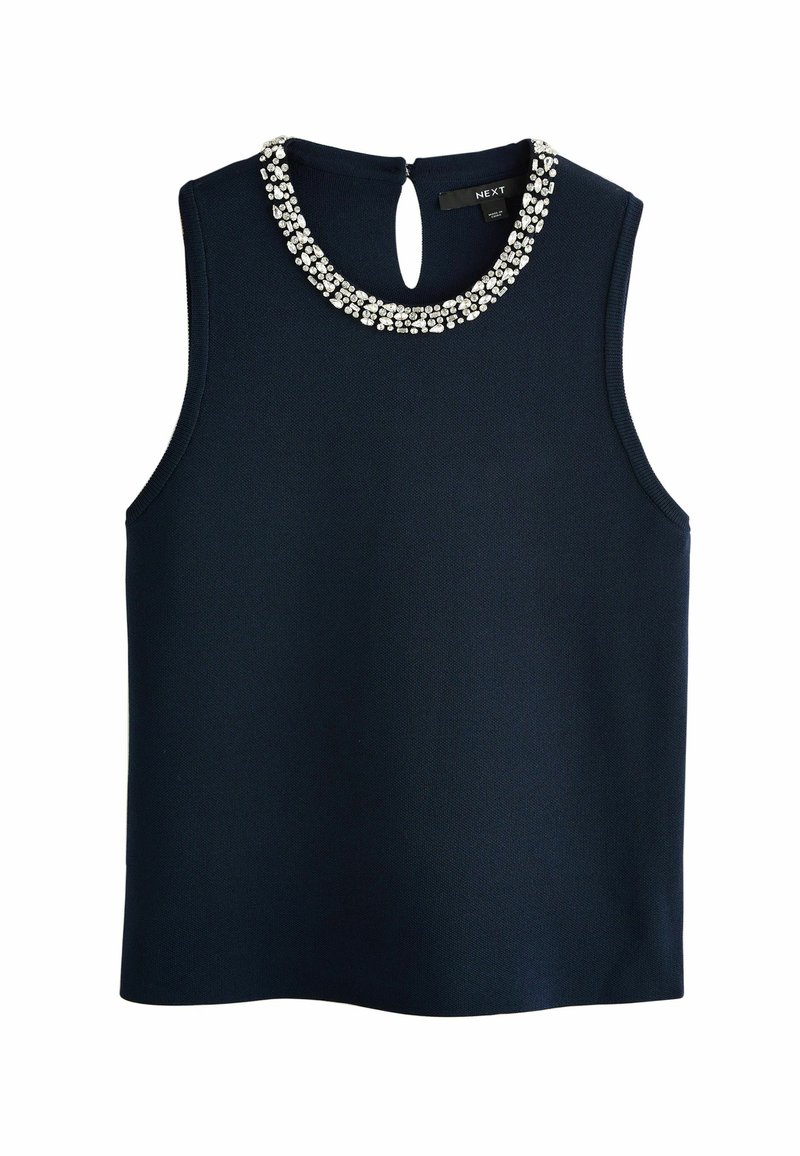 Top senza maniche blu navy con scollatura rotonda impreziosita da un colletto di strass trasparenti e una piccola apertura a chiave sul retro.