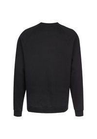 Black sweatshirt with a crew neck and raglan sleeves. Made from soft fabric, features ribbed cuffs and hem, with a smooth texture.