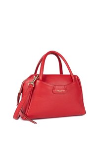 Borsa a tracolla in pelle rossa con manici doppi, chiusura a zip e hardware color oro. Presenta una forma strutturata e una tracolla rimovibile.