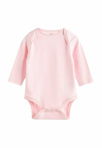 Hosszú ujjú baba body, világos rózsaszín fehér csíkokkal, puha pamut anyagból, kerek nyakkivágással, patentos zárással az alján.
