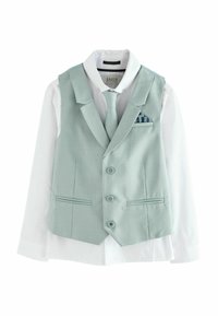 Svetlo zelena telovnik z belim srajčnim podstavkom. Telovnik ima izrezan ovratnik, štiri gumbe in majhne žepe. Tkanina z teksturiranim zaključkom.