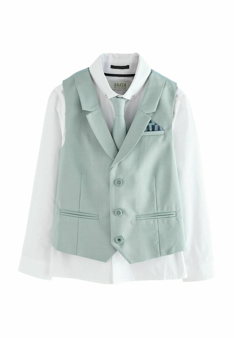 Svetlo zelena telovnik z belim srajčnim podstavkom. Telovnik ima izrezan ovratnik, štiri gumbe in majhne žepe. Tkanina z teksturiranim zaključkom.