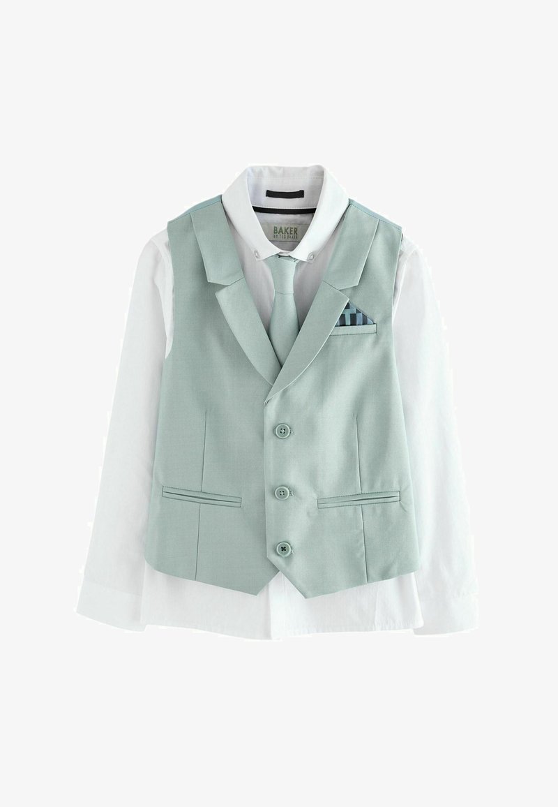 Svetlo zelena telovnik z belim srajčnim podstavkom. Telovnik ima izrezan ovratnik, štiri gumbe in majhne žepe. Tkanina z teksturiranim zaključkom.