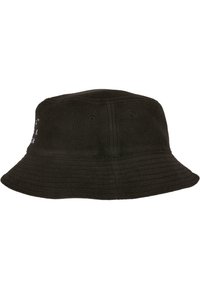 Chapeau seau en polaire noire avec une surface texturée, un large bord et deux œillets sur les côtés pour la ventilation.