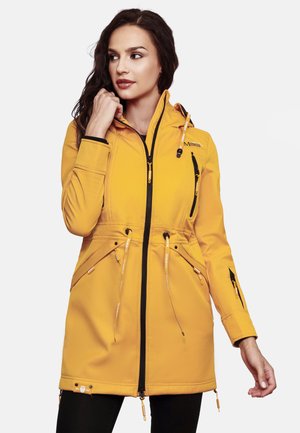 Yellow softshell jacket with a fitted design, zipper closures, adjustable hood cords, side pockets, and black accents.