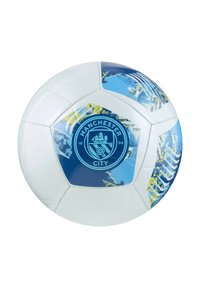 Vit fotboll med blå och gula grafiska accenter, en central Manchester City-logotyp, med en slät syntetisk yta.