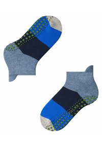 Slip-On Socken in einer Mischung aus Grau, Blau und Marineblau, mit gummierten grünen Griffpunkten auf der Sohle und einem geschwungenen Fersen-design.