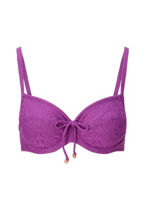 Violetti pitsirintaliivit, joissa on jäsennelty muotoilu, säädettävät olkaimet ja edessä solmittava rusetti. Sisältää kultaiset helmikoristeet.