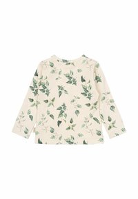 Cremefarbiges Langarmshirt mit einem Allover-Druck in grünem Blattmuster, runder Ausschnitt und weichem, glatten Material. Mit einem Etikett an der Seitennaht.