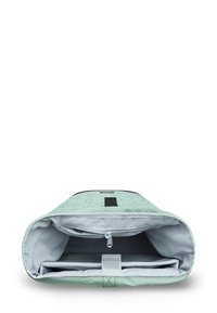 Fundas de portátil acolchadas en verde menta con bolsillo con cremallera y correa de Velcro en el interior, mostradas abiertas con forro interior gris claro.