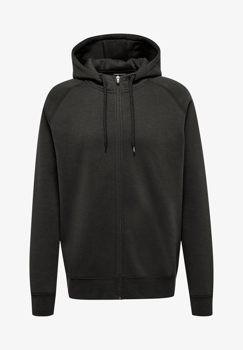 Sweatshirt zippé à capuche en tissu gris foncé. Comprend des manches raglan, des poches avant, des cordons de serrage réglables et des poignets et un ourlet côtelés.