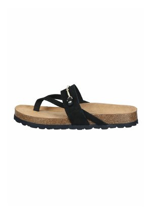 Black suede sandal with cork footbed, crisscross straps, toe loop, and black rubber sole, shown in side profile.