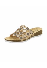 Kork-Slide-Sandale in Beige mit runden Ausschnitten und metallischen Akzenten. Texturiertes Fußbett und weiße Gummisohle für Halt und Komfort.