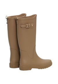 Brązowe kauczukowe kalosze o teksturowanej podeszwie, sięgające do połowy łydki, z regulowanym zapięciem po boku. Gładka powierzchnia.