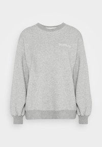 Harmaa collegepaita pyöreällä pääntiellä, pitkät hihat ja resorit hihoissa. Pienellä valkoisella logolla rinnassa. Pehmeä tekstuuri, rento muotoilu.