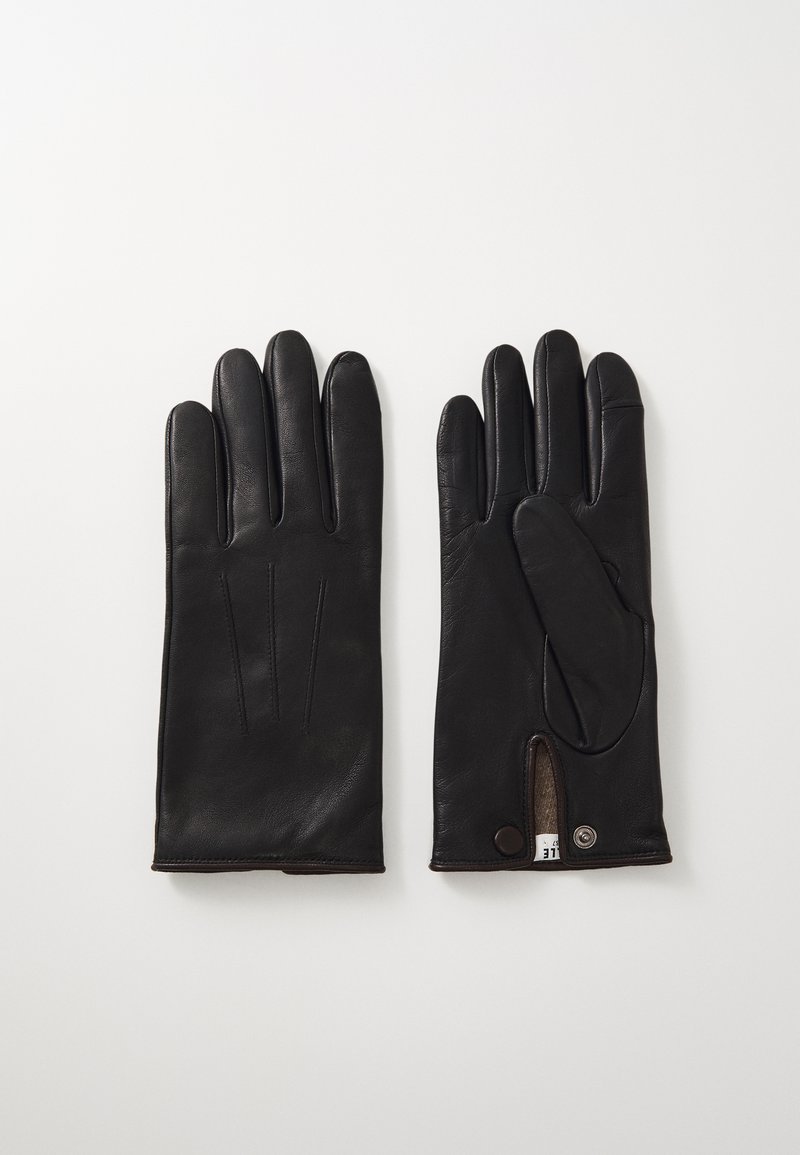 Sorte skinnhansker med en glatt finish, langt håndleddsdesign, tre dekorative sømmer på baksiden og knappelukking.