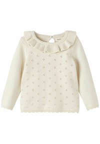 Maglione color crema con corpo testurizzato, scollatura arricciata e piccoli occhielli decorativi. Maniche lunghe e taglio dritto.