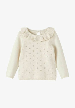 Cremefarbener Pullover mit strukturiertem Oberkörper, raffiniertem Ausschnitt und kleinen, dekorativen Ösen. Lange Ärmel und gerader Schnitt.