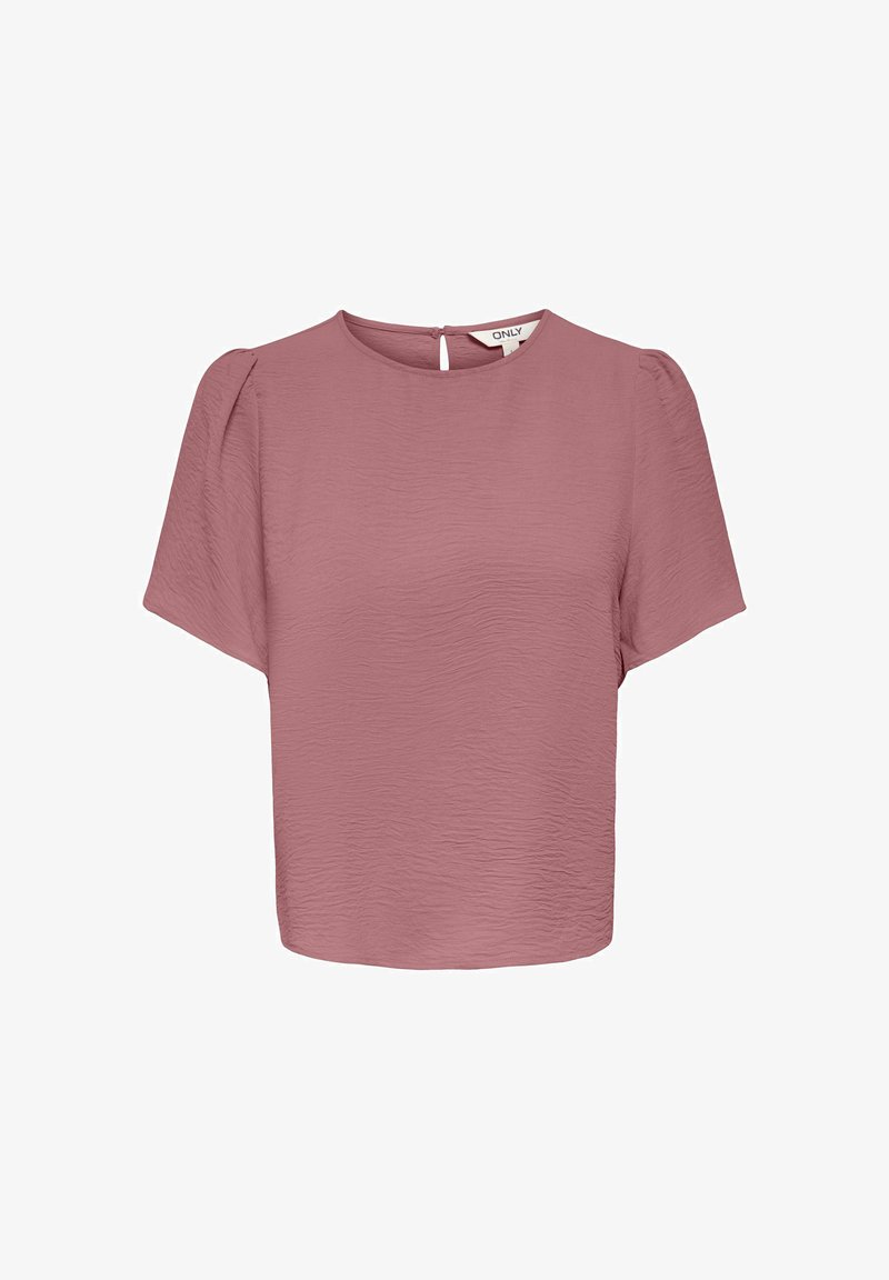 Blouse mauve à manches courtes en tissu texturé, col rond, légère fronce aux épaules et petite fermeture par bouton au dos.