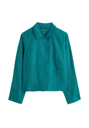 Türkizgombos hosszú ujjú dzseki gallérral és két elülső foltzsebbel, texturált anyagból készült.