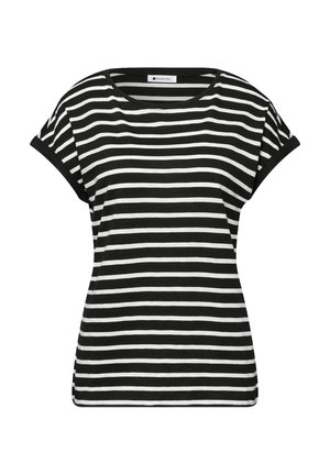 T-shirt à manches courtes rayé noir et blanc à rayures horizontales, avec un col rond et des manches retroussées.