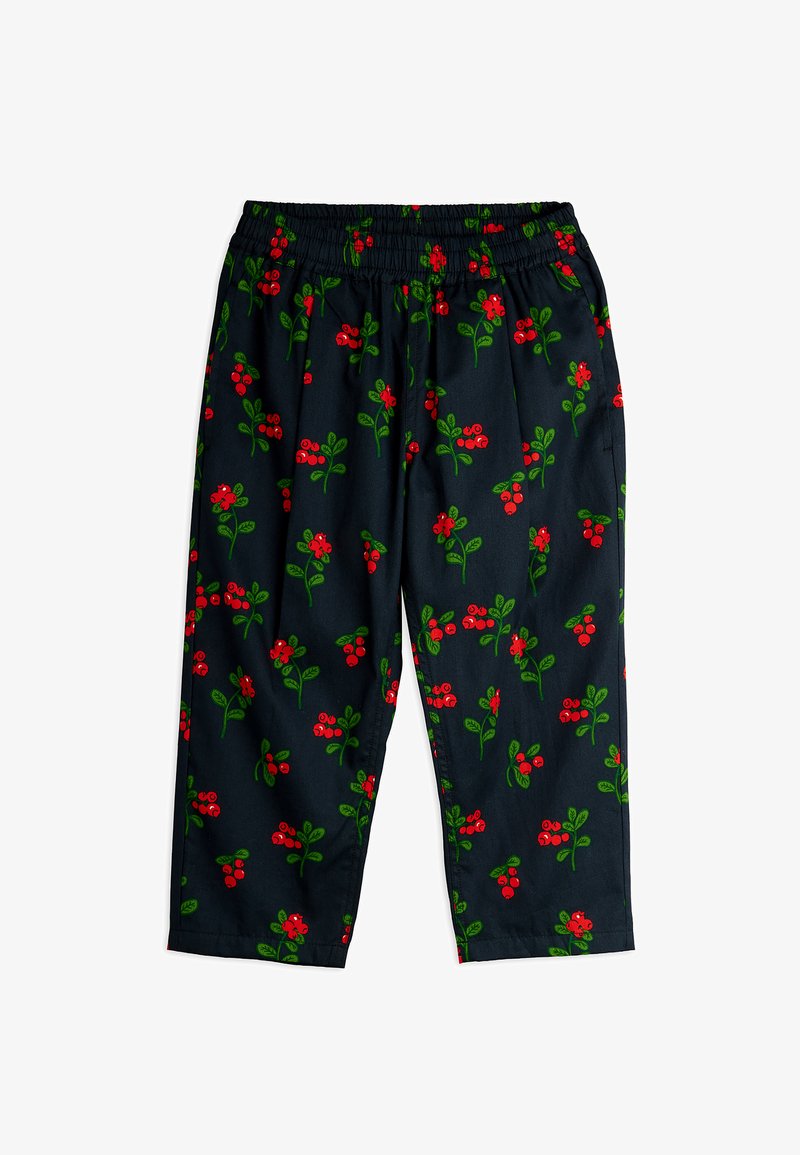 Pantaloni bleumarin cu talie elastică, având un model floral cu flori roșii și frunze verzi. Material ușor și design conic.