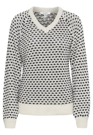 Gehaakte v-halstrui in crème met zwart sterrenpatroon. Lange mouwen met ribgebreide manchetten en zoom, met een gestructureerd stoffen ontwerp.