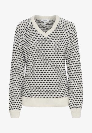 Pull en V en tricot couleur crème avec un motif d'étoiles noires. Manches longues avec des poignets et un ourlet côtelés, présentant un design de tissu texturé.