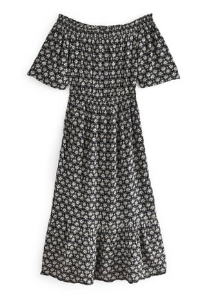 Czarna sukienka midi z odkrytymi ramionami, białym kwiatowym wzorem, elastycznym dekoltem i talią oraz krótkimi, zwiewnymi rękawami.