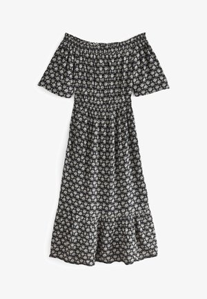 Czarna sukienka midi z odkrytymi ramionami, białym kwiatowym wzorem, elastycznym dekoltem i talią oraz krótkimi, zwiewnymi rękawami.