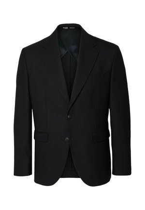 Suknja prilagojena za moške z obrobnimi reverji, sprednjim zapenjanjem na dva gumba, žepoma s poklopcem in žepom na prsih, redna prileganje, brez vidne ozadja.