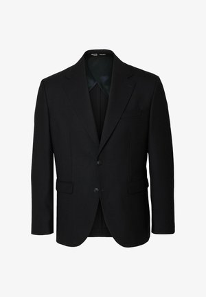 Juodųjų vyrų pritaikytas švarkas su išpjautomis apykaklėmis, dviem mygtukais priekyje, kišenėmis su užklotais ir krūtine kišene, įprasto kirpimo, be matomo fono.