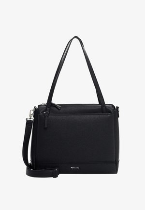 Must nahast käekott tekstureeritud viimistlusega, kahe käepidemega ja eemaldatava õlarihmaga. Omab lukuga pealmist ja esist taskut.