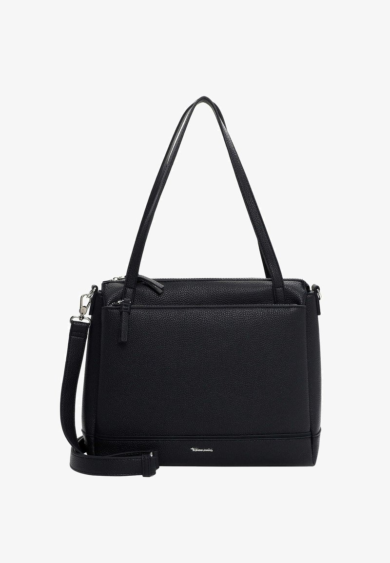 Czarna skórzana torebka z fakturowaną powierzchnią, podwójnymi uchwytami i odpinanym paskiem na ramię. Posiada zamykany na suwak wierzch oraz przednią kieszeń na suwak.