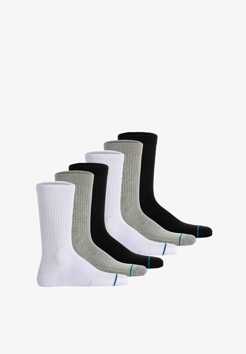 Set di sei calzini crew in nero, bianco e grigio. Realizzati in misto cotone, presentano una texture a costine e accenti contrastanti sulle punte in teal.