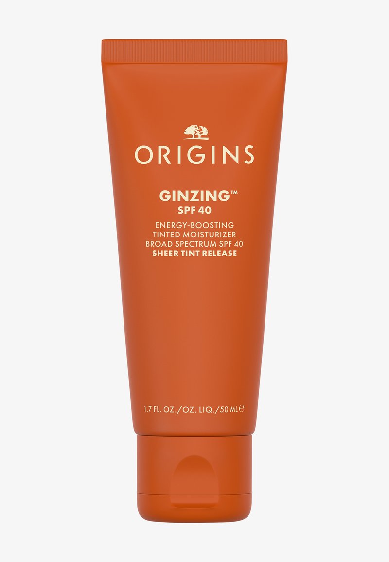 Tube de crème hydratante teintée Origins GinZing SPF 40, énergisante, écran solaire large spectre SPF 40, tenue légère, 50 ml emballage orange.