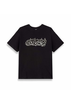 Black cotton t-shirt with short sleeves and a round neckline, featuring a white flame-patterned graphic design on the front.