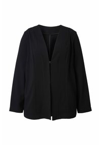 Blazer noir avec un col en V profond, manches longues et plis à l'avant. Confectionné dans un tissu résistant ; présente une fermeture avec un minimum de matériel.