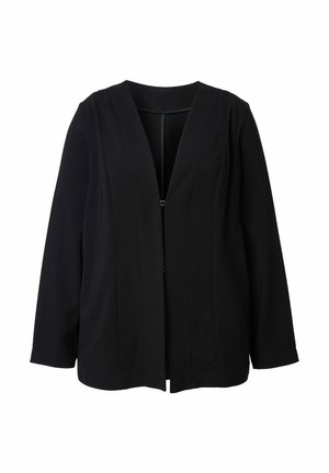 Černé sako s hlubokým výstřihem do V, dlouhými rukávy a předními sklady. Vyrobeno z odolné látky; na zapínání je minimalistická kovová dekorace.