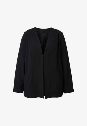 Zwarte blazer met een diepe V-hals, lange mouwen en plooien aan de voorkant. Gemaakt van duurzaam stof; heeft minimale hardware bij de sluiting.