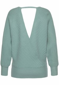 Hellgrüner gerippter Strickpullover mit tiefem V-Ausschnitt hinten und breiten Bündchen an den langen Ärmeln.