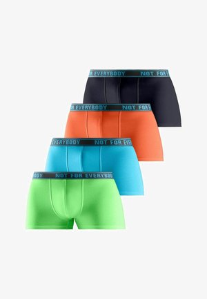 Grüne Boxershorts aus weichem Stoff, mit einem kontrastierenden blauen Bund, auf dem der Text "NICHT FÜR JEDEN KÖRPER" steht. Eng anliegendes Design.