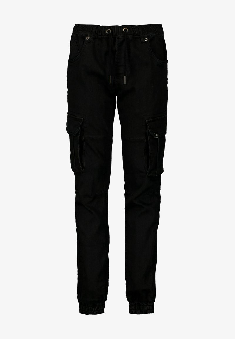 Pantalon jogger cargo noir avec taille élastique, poches avant, grandes poches latérales à rabat et poignets élastiques aux chevilles.