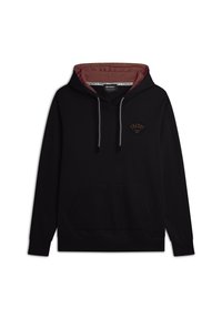 Felpa nera con interno bordeaux, dotata di tasca a marsupio, cordini e un piccolo logo marrone sul petto. Materiale in cotone morbido.