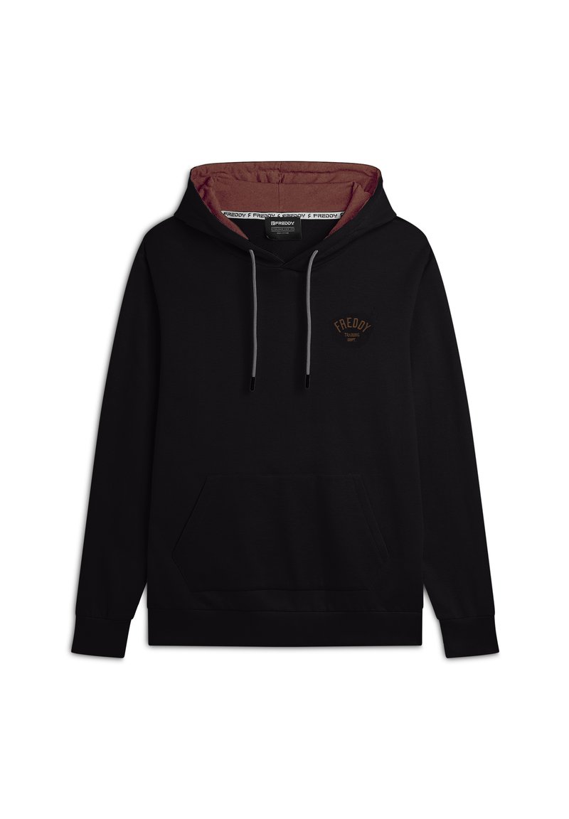 Felpa nera con interno bordeaux, dotata di tasca a marsupio, cordini e un piccolo logo marrone sul petto. Materiale in cotone morbido.