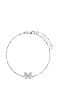 Srebrna bransoletka na łańcuszku z zawieszką w kształcie motyla zdobioną przezroczystymi kryształami. Regulowany zamek z przedłużanym łańcuszkiem dla większej elastyczności rozmiaru.