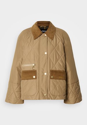 Beżowa kurtka pikowana z kołnierzem z materiału sztruksowego, dwoma kieszeniami z przodu i kieszenią na zamek. Posiada złote elementy metalowe oraz luźniejszy krój.