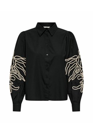 Juoda ilgomis rankovėmis palaidinė su sagomis, su smailia apykakle ir smėlinės spalvos abstrakčių linijų siuvinėjimu pūstose rankovėse.